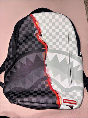 Sprayground Super Hot Fire Sharks In Paris Backpack Black & White NWT